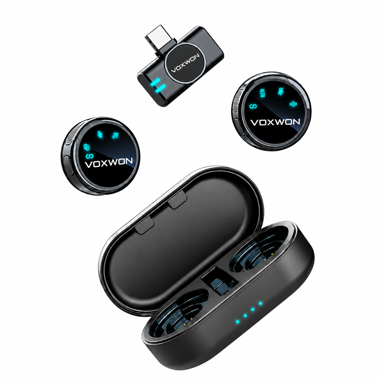 VOXWON S3 two-person wireless microphone kit and charging case — angled view
