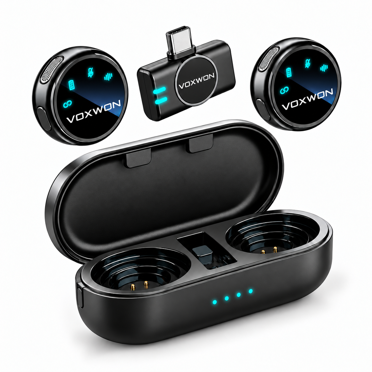 VOXWON S3 magnetic transmitters and charging case — left-front view