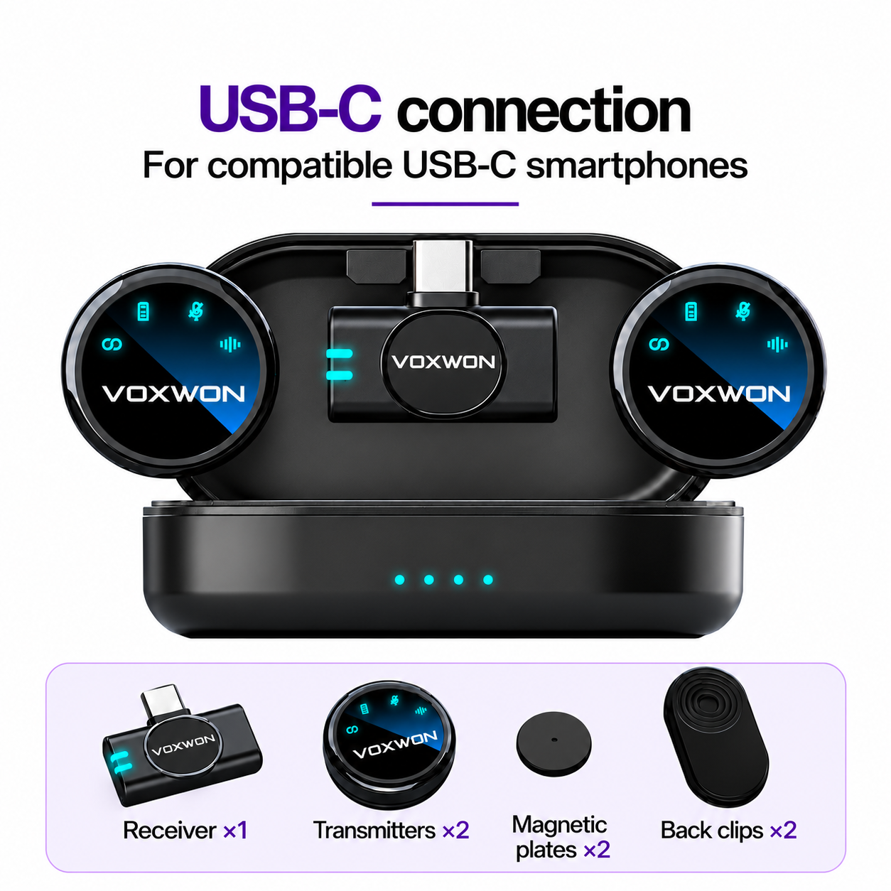 VOXWON S3 USB-C receiver, two transmitters, charging case, two magnetic plates and two back clips