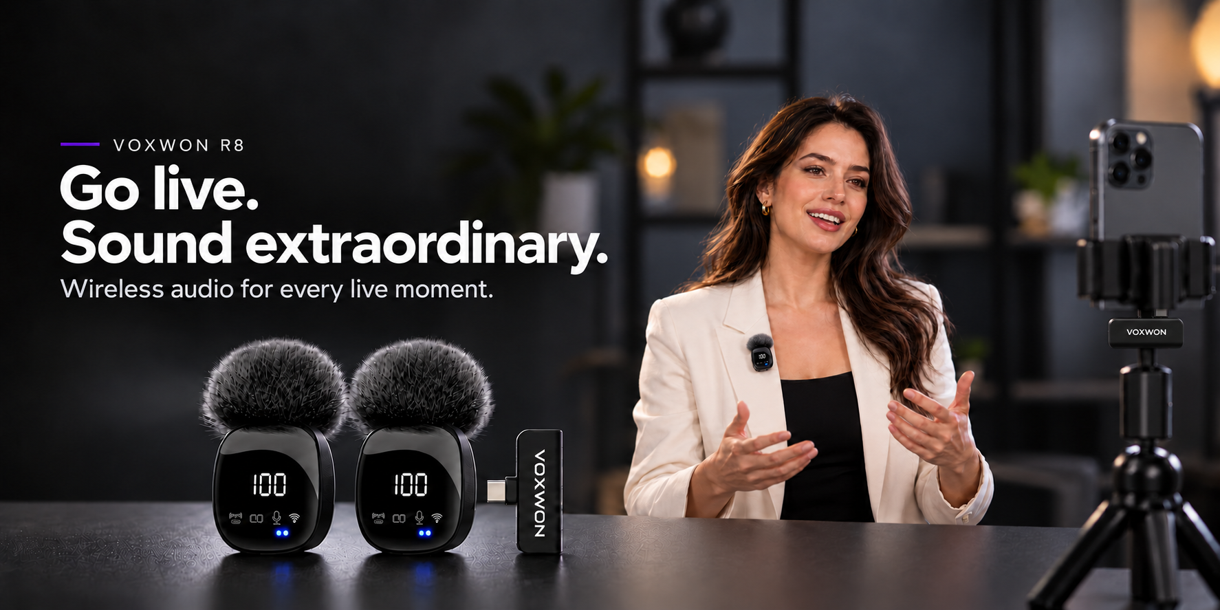 VOXWON R8 wireless microphones and receiver, with a creator recording a live stream